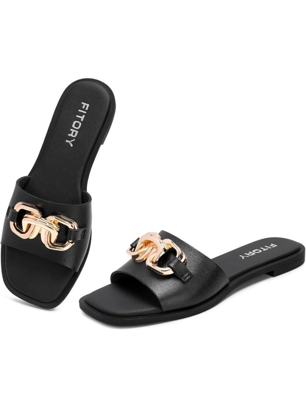 Women All Black Flat Sandal Fashion Slides With Soft Leather Slippers for Summer
